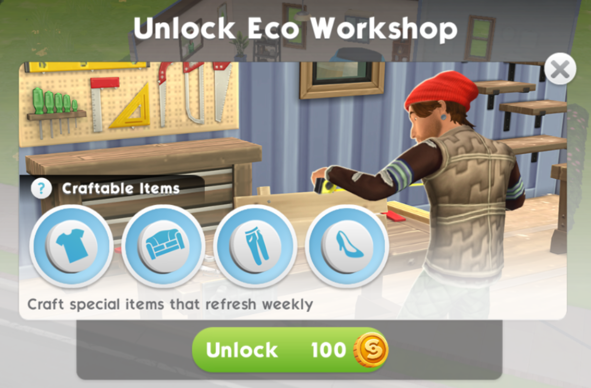 The Sims Mobile Eco Workshop Unlock Price Reduction!